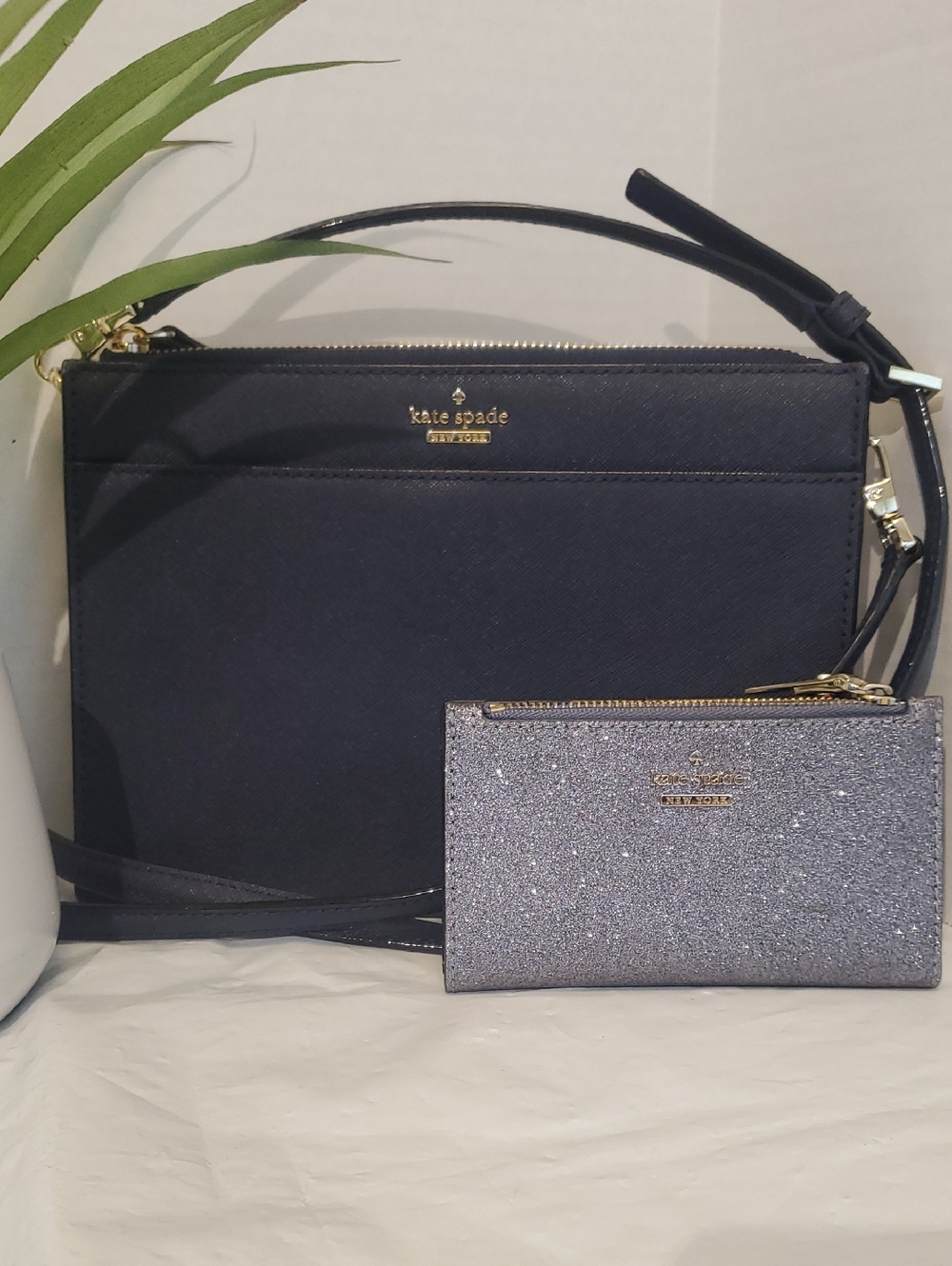 kate spade navy crossbody with Blue  glitter cardholder wallet